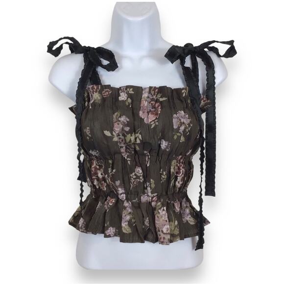 Brock Collection Shirred Ribbon Tie Floral Print Top size S - Picture 1 of 6